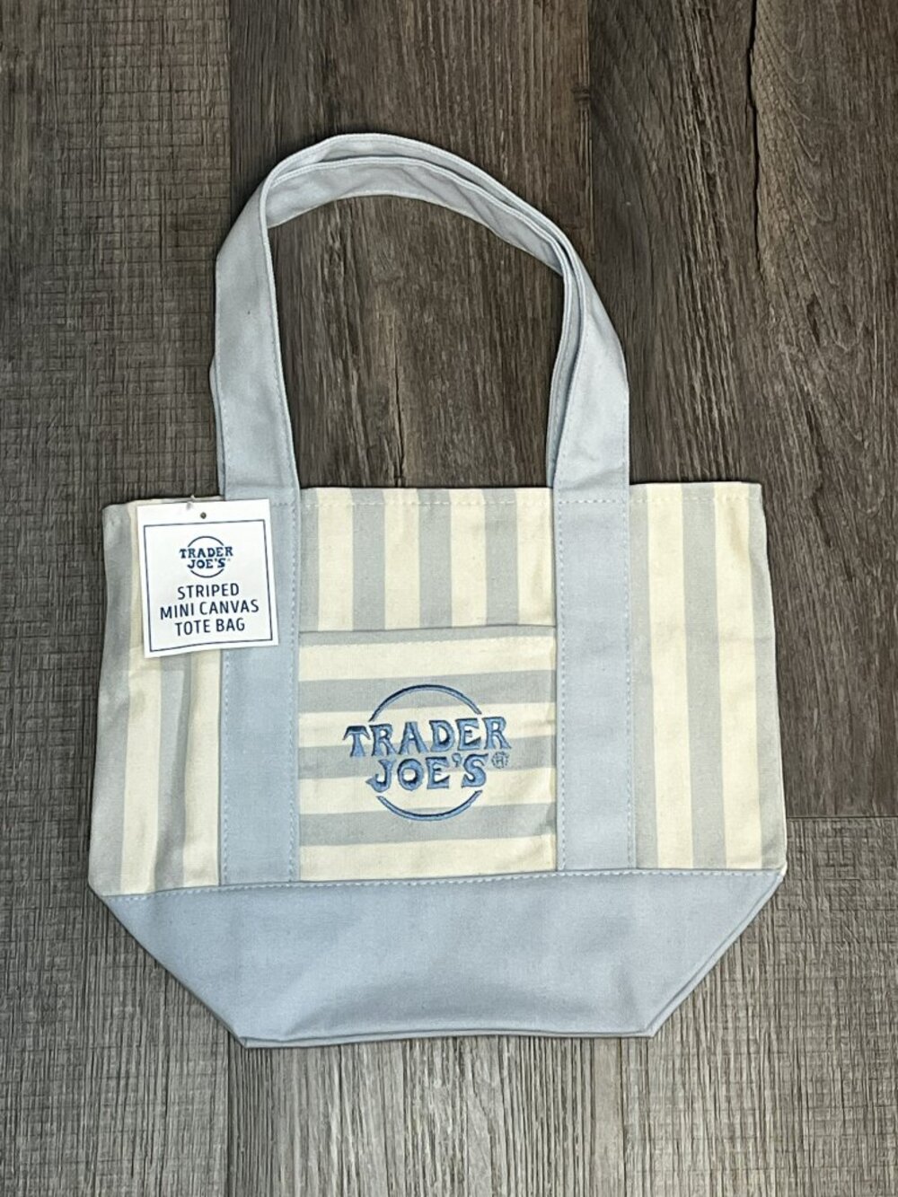 Trader Joe's Striped Mini Canvas Tote in Light Blue Pastel 2026